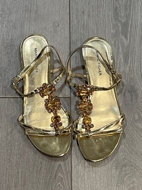 Marc Fisher Metallic Gold Jeweled T-Strap Sandals